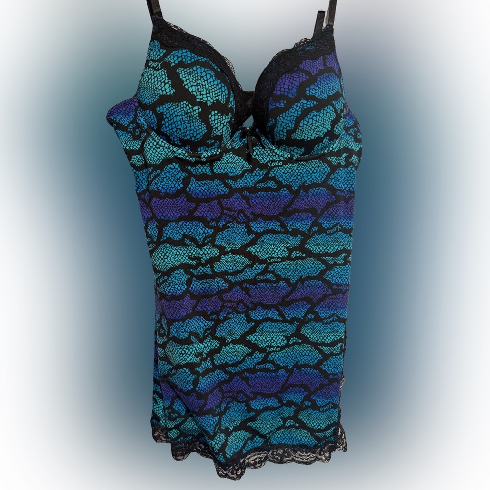 XOXO Blue & Purple Animal Print Lace Trim Lingerie Slip Dress – Size L
